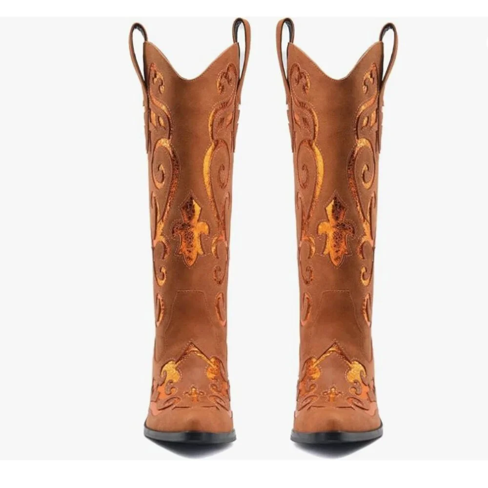 Cowgirl Mid Calf Floral Embroidery Pointed Toe Chunky Boots